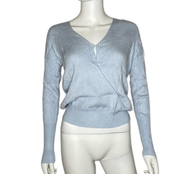 Elodie Women's Light Blue Ribbed Knit Surplice Neck Long Sleeve Pullover Top - Picture 2 of 5